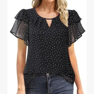 YOUTALIA Black Polka Dot Ruffle Sleeve Top, Size Med. NWT